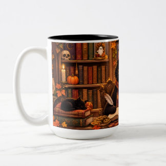 Caneca De Café Em Dois Tons Livraria de Gatos Pretos Aconchegantes Halloween