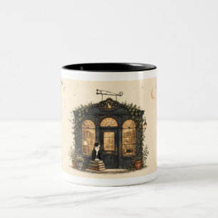 Caneca De Café Em Dois Tons Livraria Encantada do Gato sob o Céu de Hera ao Lu