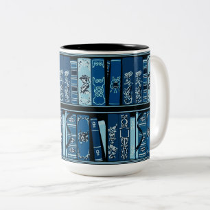 Caneca De Café Em Dois Tons Livro Azul Prateleiras Livros de Vintage