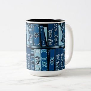 Caneca De Café Em Dois Tons Livro Azul Prateleiras Livros de Vintage