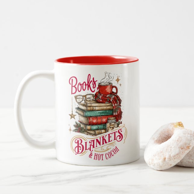 Caneca De Café Em Dois Tons Livros Cobertores e Cacau Quente  (Com Donut)