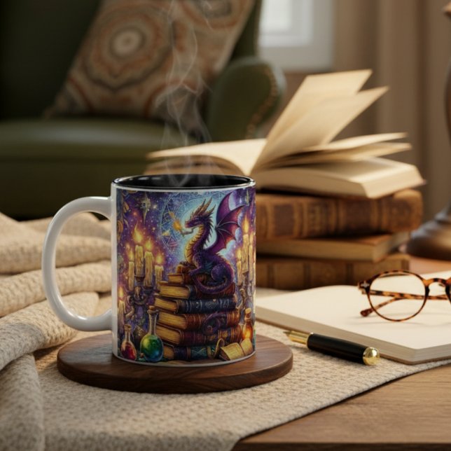 Caneca De Café Em Dois Tons Livros de Feiticeiro do Dragão Místico (Criador carregado)