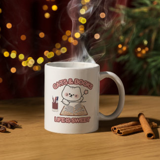 Caneca De Café Em Dois Tons Livros e Gatos Desafiados - Design de Cozy Life Co