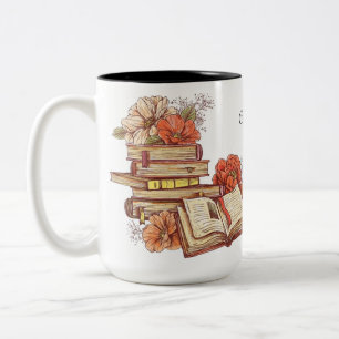Caneca De Café Em Dois Tons Livros Personalizados E Flores