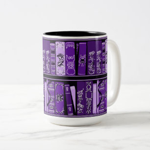 Caneca De Café Em Dois Tons Livros Roxos Prateleiras Livros Vintage