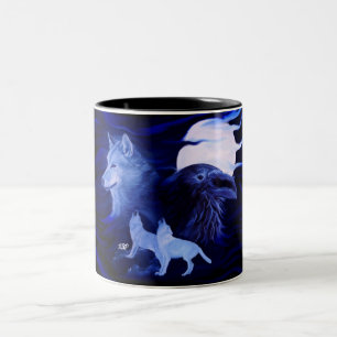 Caneca De Café Em Dois Tons Lobos e Raven com lua de cheio
