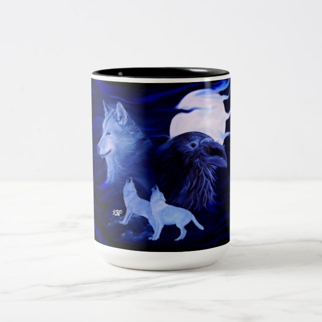 Caneca De Café Em Dois Tons Lobos e Raven com lua de cheio (Centro)
