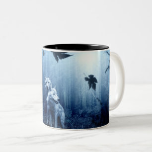 Caneca De Café Em Dois Tons Lobos na Floresta no amanhecer