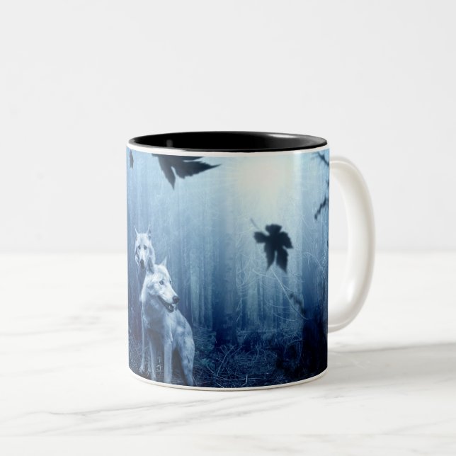 Caneca De Café Em Dois Tons Lobos na Floresta no amanhecer (Frente Esquerda)