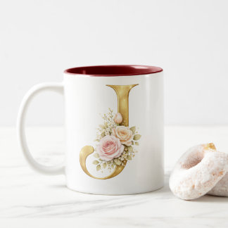 Caneca De Café Em Dois Tons Logotipo Monograma de Letra J Dourada Floral de Lu