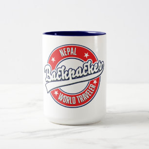 Caneca De Café Em Dois Tons Logotipo retrô de mochileiro viajante mundial Nepa