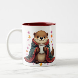 Caneca De Café Em Dois Tons Lontra Aconchegante - Lontra em Cobertor com Café 