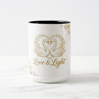 Caneca De Café Em Dois Tons Love & Light Mug - Gold Swans Heart Design | 15 oz