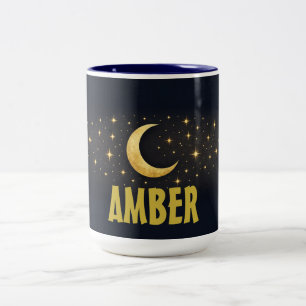 Caneca De Café Em Dois Tons Lua Celestial & Estrelas Azul Meia-Noite Nome Pers