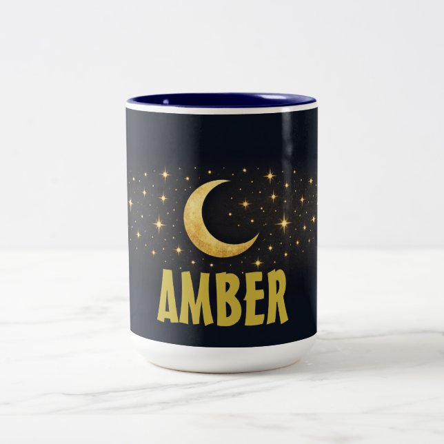 Caneca De Café Em Dois Tons Lua Celestial & Estrelas Azul Meia-Noite Nome Pers (Centro)