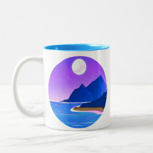 Caneca De Café Em Dois Tons Lua, Estrelas do Mar e Montanhas em Violeta e Azul