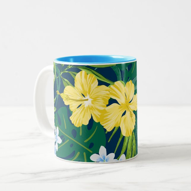 Caneca De Café Em Dois Tons Luna Hibiscus Garden Havaiana - Amarelo e Marinho (Frente Esquerda)
