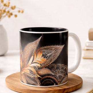 Caneca De Café Em Dois Tons Luxury black & golden Feathers  Marble Coffee Mug 