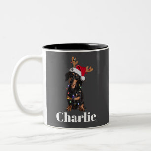 Caneca De Café Em Dois Tons Luzes de Natal de Cachorro Dachshund com Nome Pers