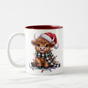 Caneca De Café Em Dois Tons Luzes de Natal Vaca das Terras Altas Chapéu de Pap