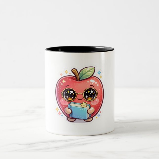 Caneca De Café Em Dois Tons Maçã Inteligente Kawaii Fofa com Óculos Segurando  (Centro)