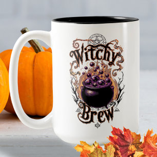 Caneca De Café Em Dois Tons Maçãs de Halloween Pretas, Spooky, Cauldron