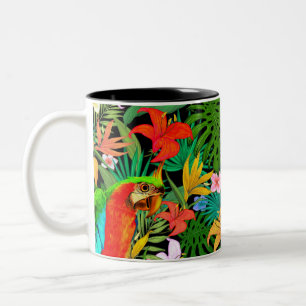 Caneca De Café Em Dois Tons Macaw, Flores Multicoloridas E Folhas De Palma