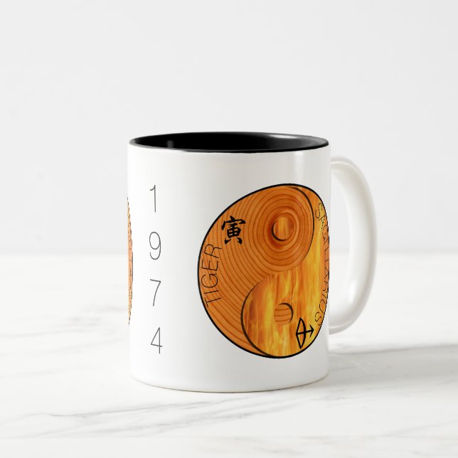Caneca De Café Em Dois Tons Madeira Tigre 1914 1974 Sagittarius zodiac Anivers (Frente Esquerda)