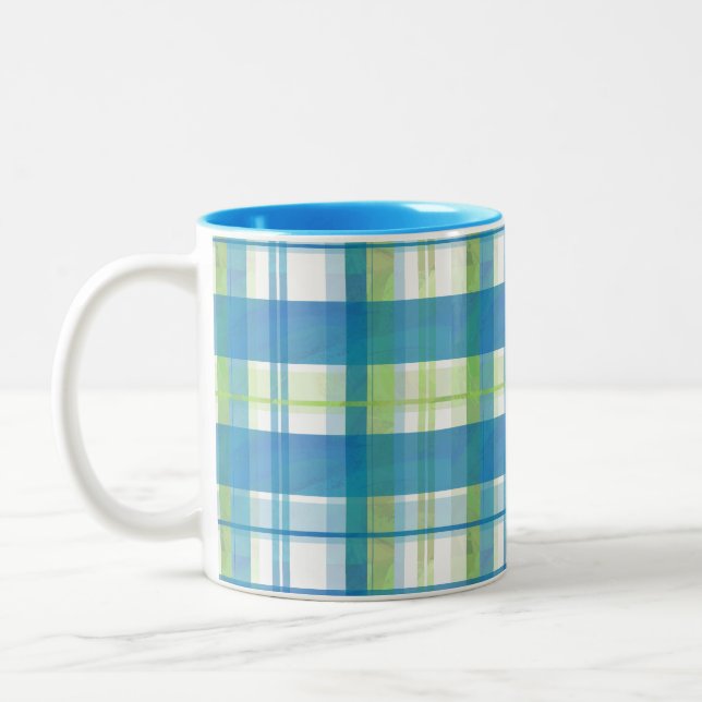 Caneca De Café Em Dois Tons Madras Xadrez Verde e Azul (Esquerda)
