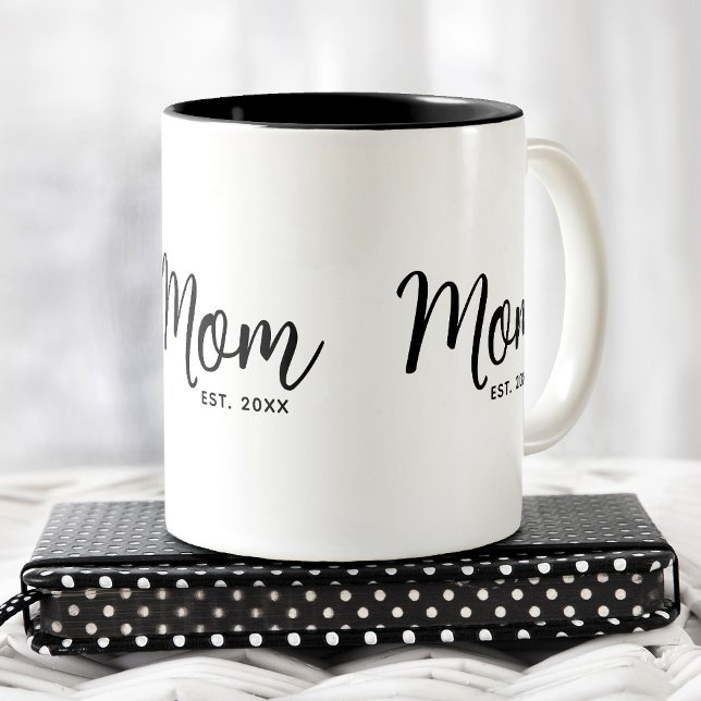 Caneca De Café Em Dois Tons Mãe Data de Estabelecimento Script Preto Novo Pres (Criador carregado)