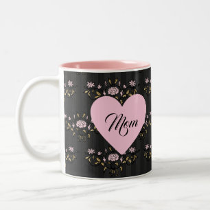 Caneca De Café Em Dois Tons Mãe Dia de as mães Coração no Vintage Black Floral