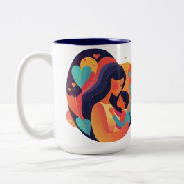 Caneca De Café Em Dois Tons Mãe e Criança com Corações, Mug de Estilo Moderno