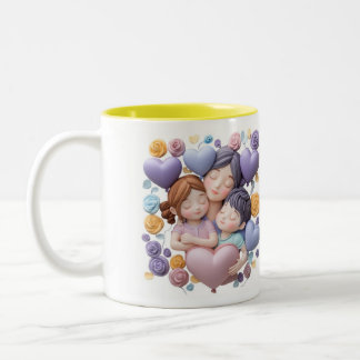 Caneca De Café Em Dois Tons Mãe e Crianças - Pastel de Arâmica 3D