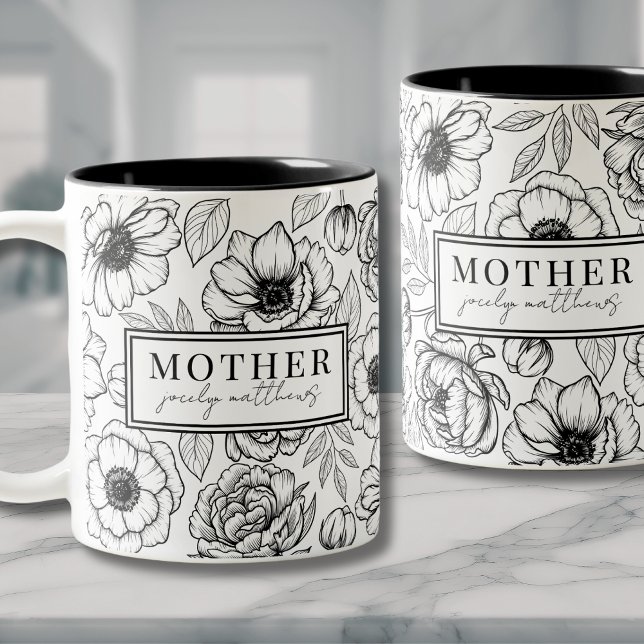 Caneca De Café Em Dois Tons Mãe Floral Preto Branco (Modern Black White Floral Two-Tone Coffee Mug)