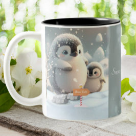 Caneca De Café Em Dois Tons Mãe Fofa & Bebê Pinguim na Neve Personalizado