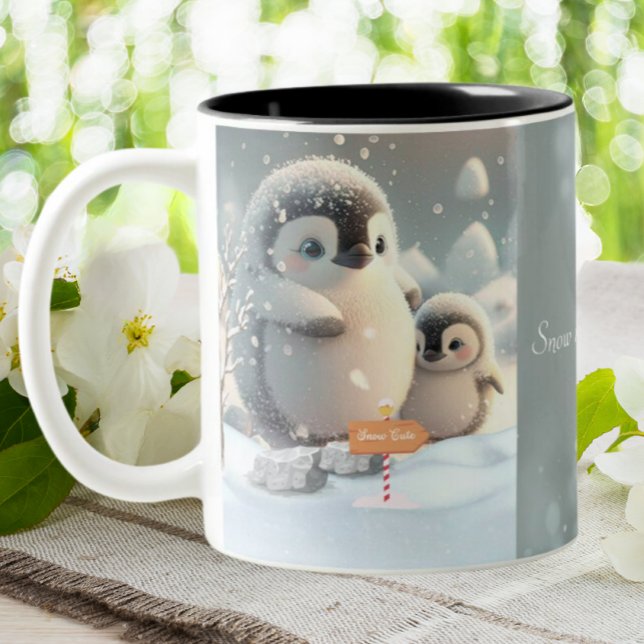 Caneca De Café Em Dois Tons Mãe Fofa & Bebê Pinguim na Neve Personalizado (Criador carregado)