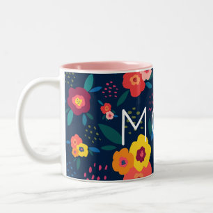 Caneca De Café Em Dois Tons Mãe moderna Floral em Azul e Coral