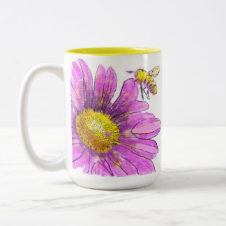 Caneca De Café Em Dois Tons Mãe rosa margarida com abelha