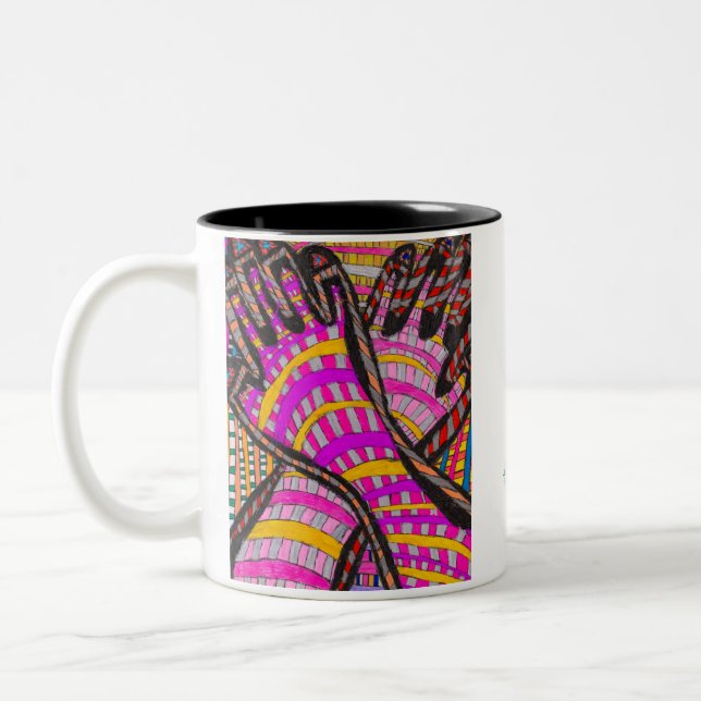 Caneca De Café Em Dois Tons Magenta e Mãos Amarelas Coffee Mug (Esquerda)