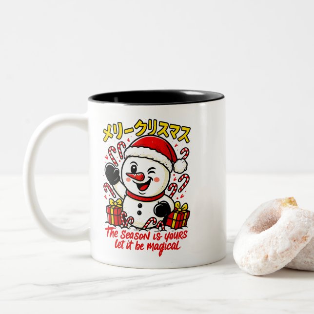 Caneca De Café Em Dois Tons Magical Merry Christmas Snowman Gift Tee candy can (Com Donut)