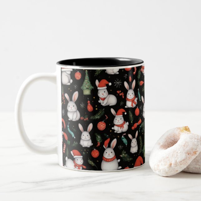 Caneca De Café Em Dois Tons Mágina de coelhinho de Natal alegre e festiva (Com Donut)
