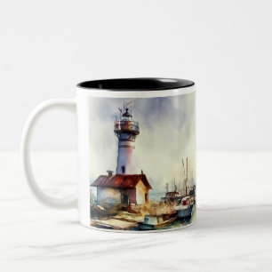 Caneca De Café Em Dois Tons Maine Farol e barcos Arte Aquecida