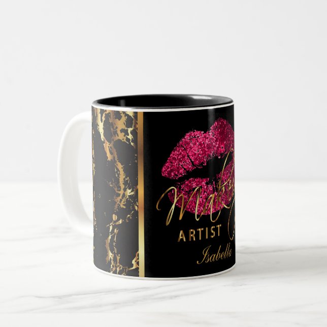 Caneca De Café Em Dois Tons Makeup Artist Dark Pink Glitter Lábios e Dourado M (Frente Esquerda)