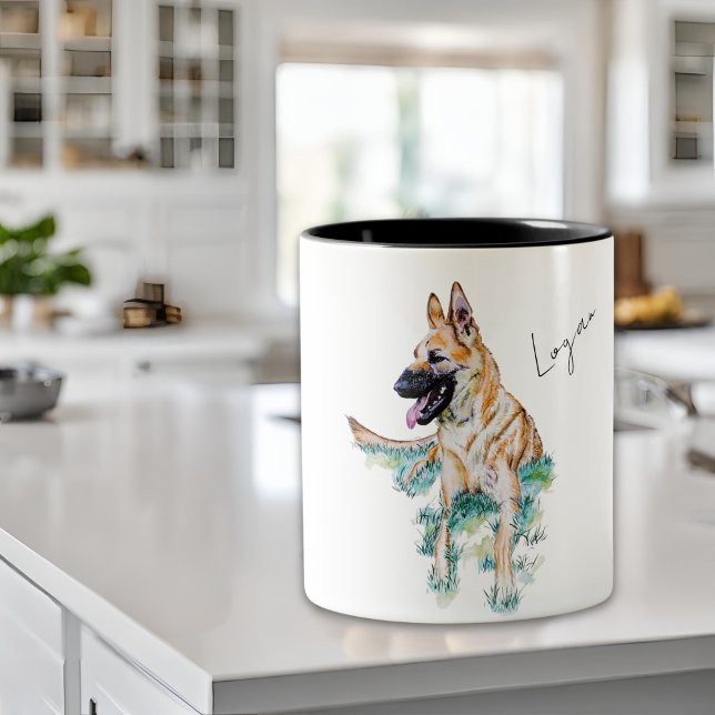 Caneca De Café Em Dois Tons Malinois Personalizados do German shepherd de Aqua (Criador carregado)