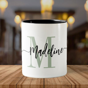 Caneca De Café Em Dois Tons Manchas Modernas de Script do Nome do Monograma Pe