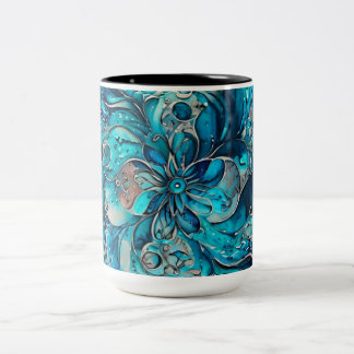 Caneca De Café Em Dois Tons Mandala Floral em Aquarela Azul e Turquesa