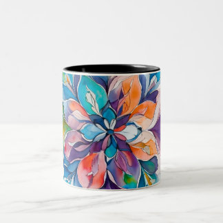Caneca De Café Em Dois Tons Mandalá Floral Multicolor Aquarela