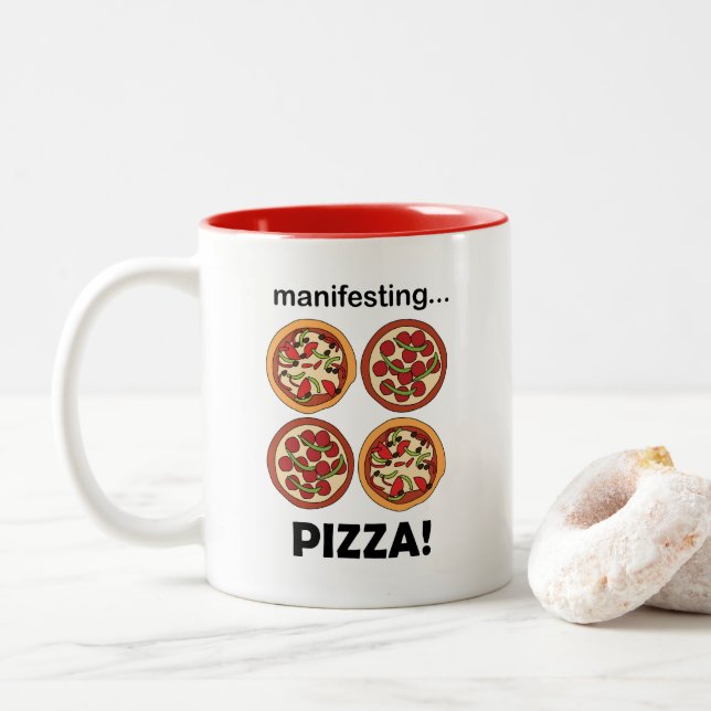 Caneca De Café Em Dois Tons Manifestando Pizza de Pepperoni (Com Donut)