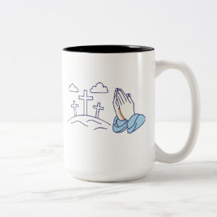 Caneca De Café Em Dois Tons Mãos em Oração e Cruzes do Calvário