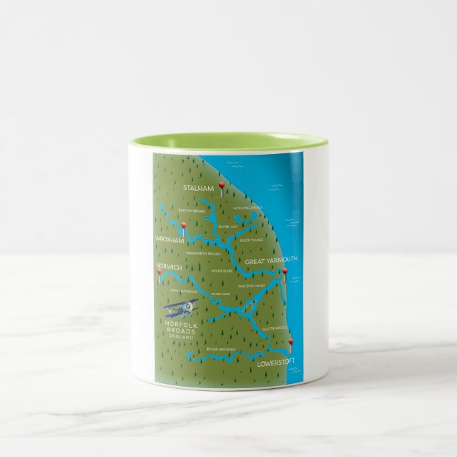 Caneca De Café Em Dois Tons Mapa da Norfolk Broads Inglaterra. (Centro)